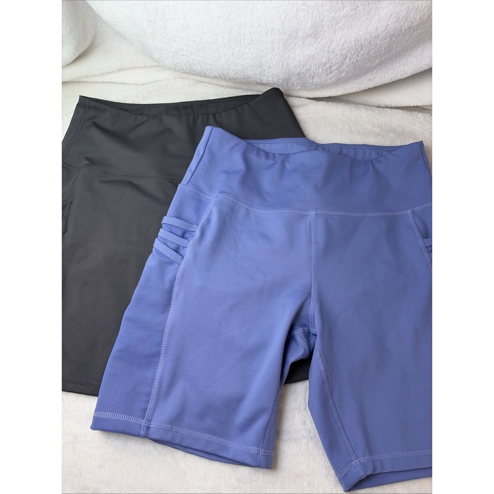 Bundle of 2 High-Waisted Athletic Bike Shorts Large Side Pockets Gray & Blue EUC